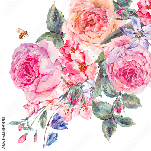 Watercolor spring bouquet with blooming cherry and english roses