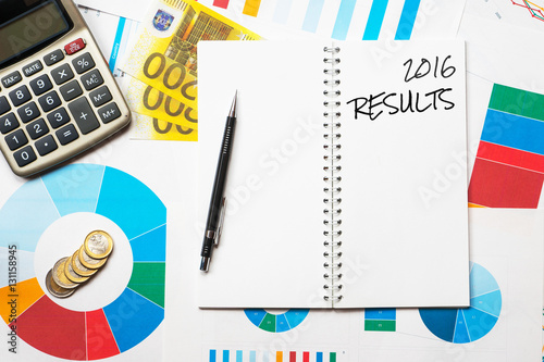 Poster 2016 results title on colorful charts, calculator and euro money