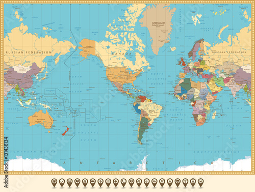 Obraz na płótnie World Map America Centered and map pointers. Retro color