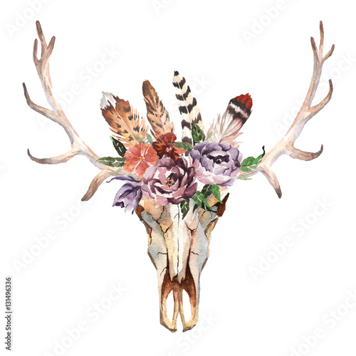 Poster Watercolor isolated deer's head with flowers and feathers on white background