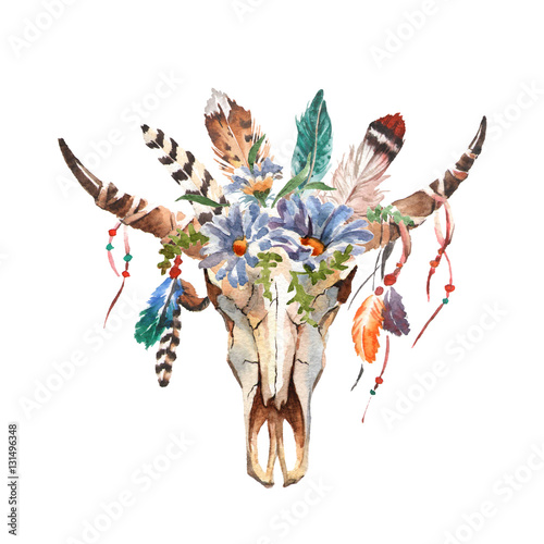 Watercolor isolated bull's head with flowers and feathers on white background плакат