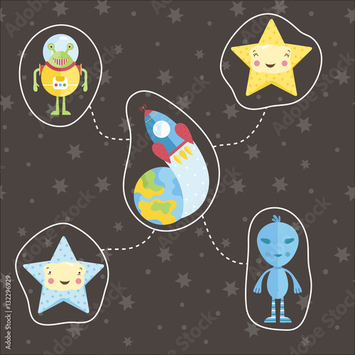 Space icons in cartoon style. Rocket flying around Earth, aliens characters, smiling cute stars vectors set isolated on starry grey background. Astronomic concept for childrens book illustrating