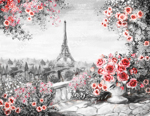 oil-painting-summer-in-paris-gentle-city-landscape-flower-rose-and-leaf-view-from-above-balcony-eiffel-tower-france-wallpaper-modern-art-black-white-and-red