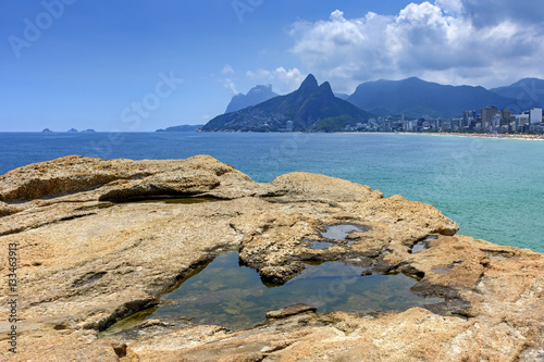 Poster Rio de Janeiro, Ipanema beach, Gavea stone and Two Brothers hill seen through th