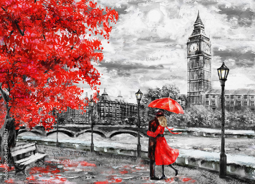 oil painting on canvas, street of london. Artwork. Big ben. man and woman under an red umbrella. Tree. England. Bridge and river