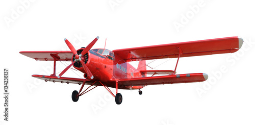 Red airplane biplane with piston engine
