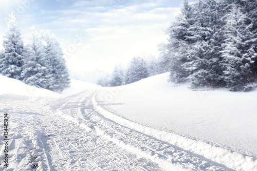 winter road and snow with frost 