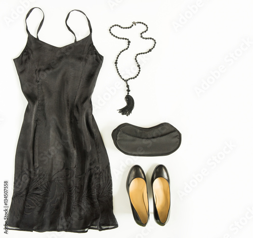 Cocktail dress outfit, night out look on white background