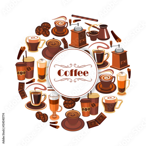 Coffee vector poster of espresso, latte hot drinks