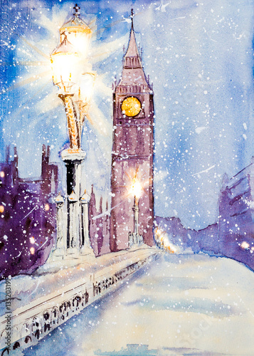 London, Westminster Abbey, Westminster Bridge at dusk. Snow. Wat