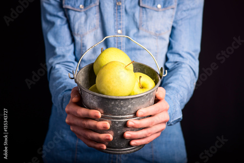 apples bucket in hands - vegetarian and vegan people