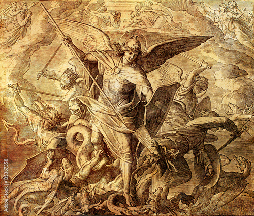 archangel-michael-fighting-with-dragon-engraving-of-nazareene-school-published-in-the-holy-bible-st-vojtech-publishing-trnava-slovakia-1937