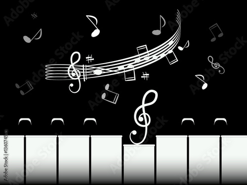 teclas-del-piano-con-baston-y-notas-ilustracion-de-vector-retro-blanco-y-negro