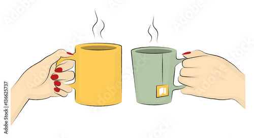 Coffee And Tea Mugs. Vector Illustration Of Hands Of Two Woman Enjoying Their Hot Drinks