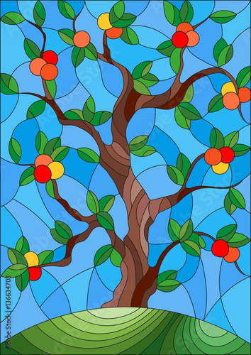 illustration-in-stained-glass-style-with-an-apple-tree-standing-alone-on-a-hill-against-the-sky
