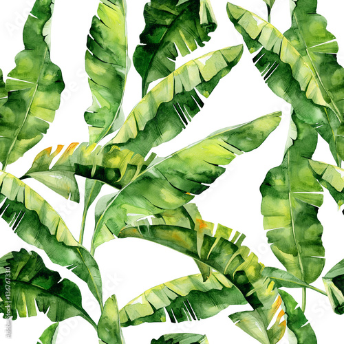 Fototapeta Seamless watercolor illustration of tropical leaves, dense jungle. Pattern with tropic summertime motif may be used as background texture, wrapping paper, textile,wallpaper design. Banana palm leaves