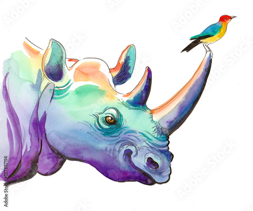 Obraz na płótnie Rhino and bird