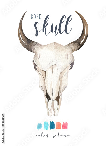 Fototapeta Watercolor bohemian cow skull. Western mammals. Watercolour hipster deer boho decoration print antlers. flowers, feathers. Isolated on white background. Boho style. Hand drawn ethnic themed design.