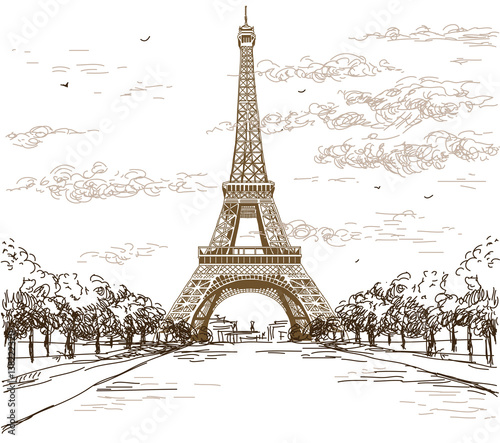 Fototapeta Landscape with Eiffel tower in brown colors on white background