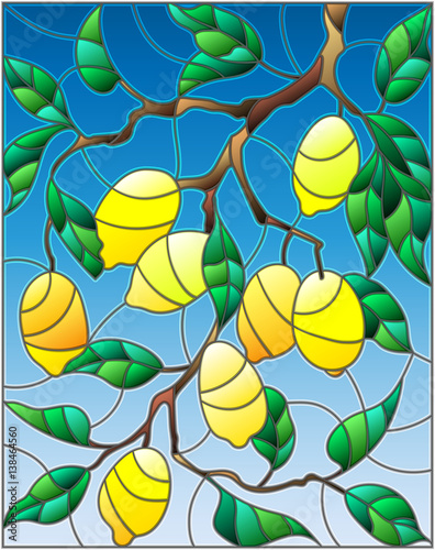 ilustracja-w-stylu-witraza-z-galezi-drzewa-cytrynowego-galezi-owocow-i-lisci-na-tle-nieba