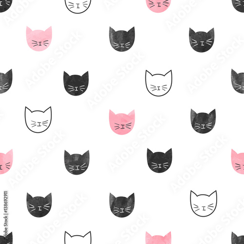 seamless-cute-cats-pattern-vector-background-with-watercolor-cat-heads