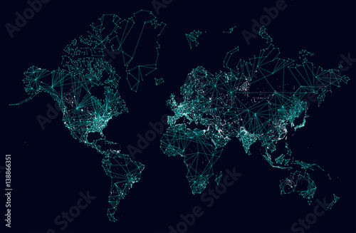 Fototapeta World map abstract internet connection, light urban communications