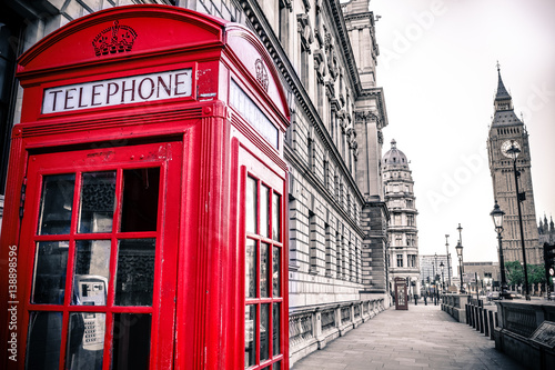 Fototapeta Vintage photo of red telephone box and Big Ben