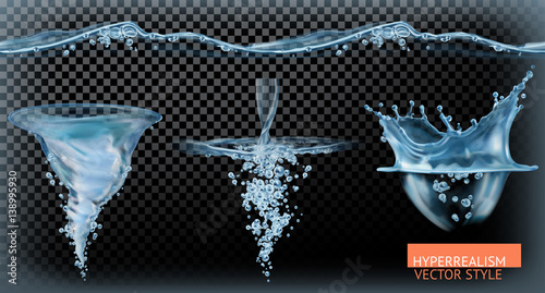 Water tornado with transparency, hyperrealism vector set