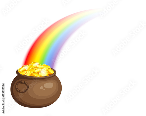 Vector St. Patrick's day illustration with leprechaun's pot of gold and rainbow isolated on a white background.