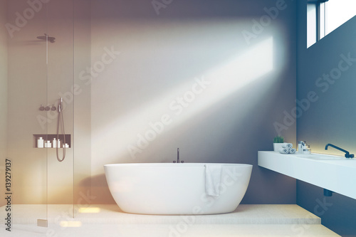 Fototapeta Luxury bathroom with gray walls, shower, toned