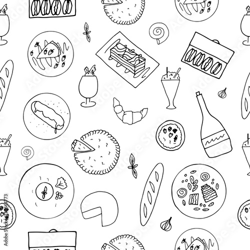 Hand Drawn French Cuisine Seamless Pattern Food With Baguette Macaron Mousse Au Hand Drawn French Cuisine Seamless Pattern Food With Baguette Macaron Mousse Au