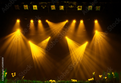 Poster The yellow light from the spotlights through the smoke at the theater during the performance