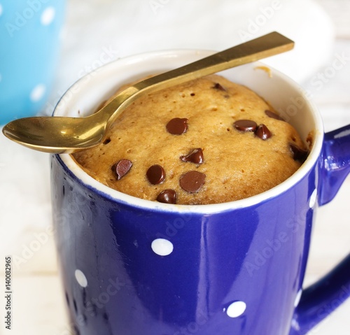 Chocolate chip Microwave Mug Cake, selective focus