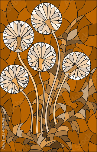 illustration-in-stained-glass-style-flower-of-blowball-brown-tone-sepia