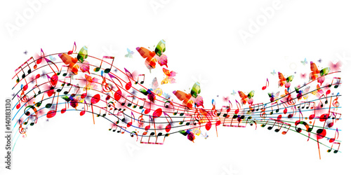Fototapeta Colorful stave with music notes and butterflies isolated vector illustration. Music background for poster, brochure, banner, flyer, concert, music festival