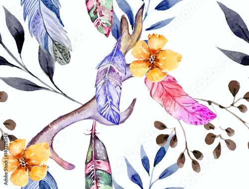 Poster Tribal boho style feather seamless pattern in vector.
