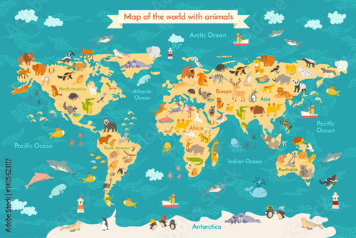 Fototapeta Animal map for kid. World vector poster for children, cute illustrated. Preschool cartoon globe with animals. Oceans and continent: South America,Eurasia,North America,Africa, Australia.Baby world map