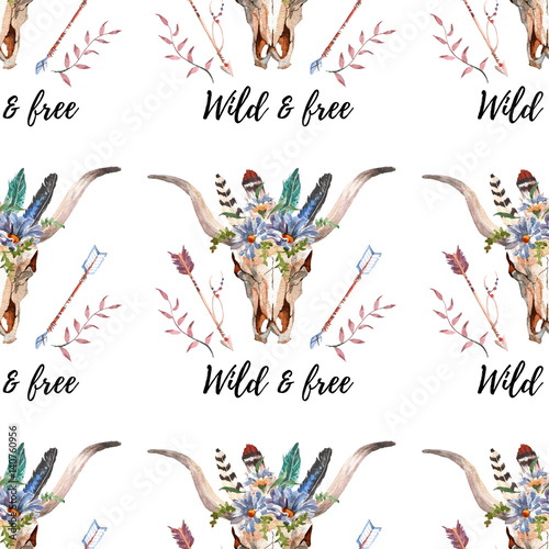 Fototapeta Watercolor boho skull Boho watercolor seamless pattern with feathers, flowers