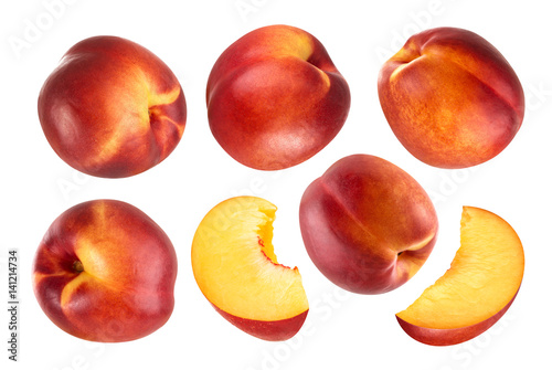 Peach isolated. Collection of whole and cut peach fruits isolated on white background with clipping path © xamtiw
