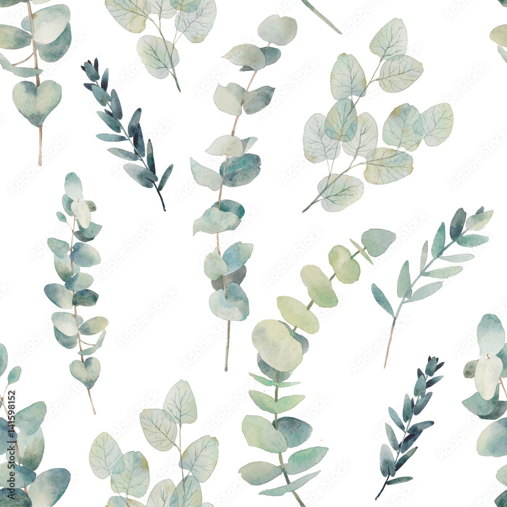 aquarell-eukalyptus-verzweigt-sich-nahtloses-muster-handgemalte-blumenbeschaffenheit-mit-betriebsgegenstanden-auf-weis