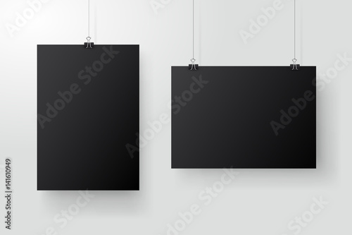 Black Posters Hanging On Binder Grey Wall With Mock Up Empty Paper Black Posters Hanging On Binder Grey Wall With Mock Up Empty Paper Blank Layout