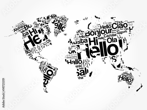 Fototapeta Hello in different languages word cloud World Map, business concept background