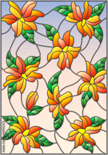 illustration-in-the-style-of-stained-glass-with-intertwined-lilies-and-leaves-on-a-sky-background