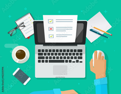 Online form survey on laptop vector illustration, person working on computer showing quiz exam paper sheet document, top view working table flat style design © vladwel