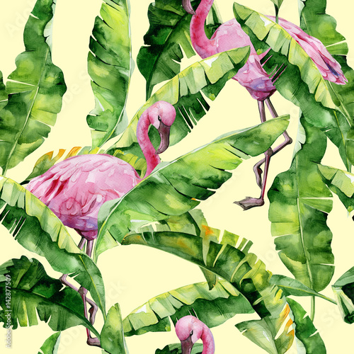 tropikalne-liscie-gesta-dzungla-lisci-bananowca-bez-szwu-akwarela-ilustracji-tropikalnych-rozowych-ptakow-flamingo-modny-wzor-z-motywem-tropic-summertime-egzotyczne-tlo-sztuki-hawaje