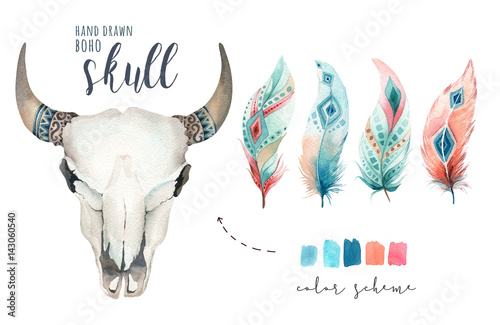 Lacobel Watercolor bohemian cow skull. Western mammals. Watercolour hipster deer boho decoration print antlers. flowers, feathers. Isolated on white background. Boho style. Hand drawn ethnic themed design.