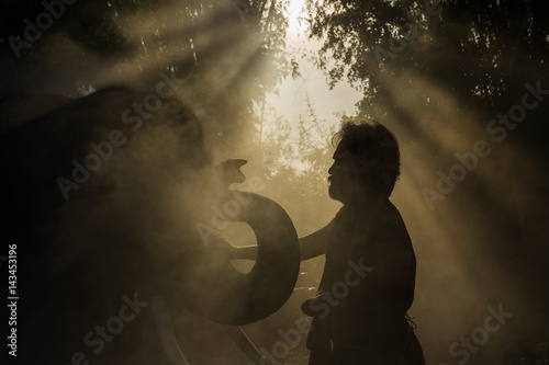 Poster Elephant Thailand and the man Thai people is mahout in Chang village Surin Province Thailand