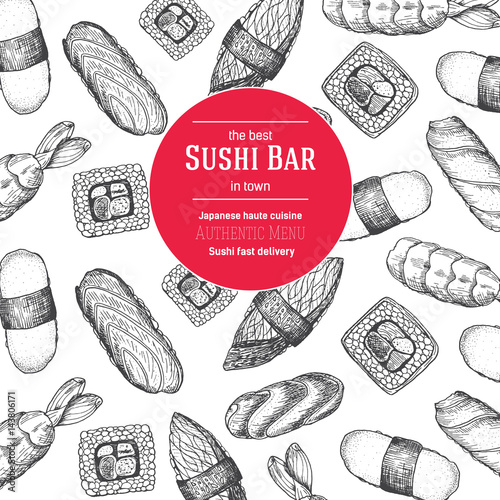 Japanese food vector illustration. Hand drawn Sushi design template. Card for restaurant menu