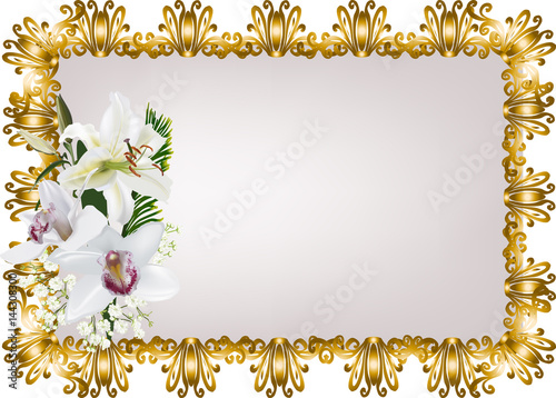 light orchid and lily flowers in golden frame