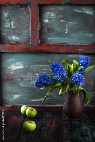 Blue hyacinths in a brown pot with green apples on a green and red background